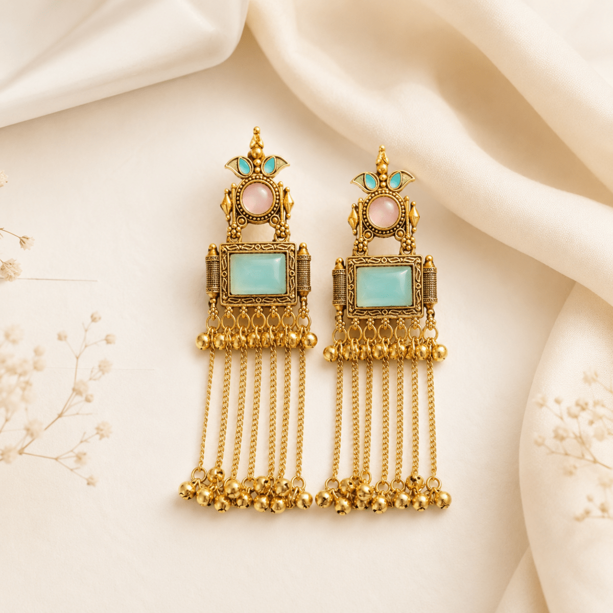 Antique Gold Pastel Stone Multi Chain Fringe Earrings - Pettlez Jewellery
