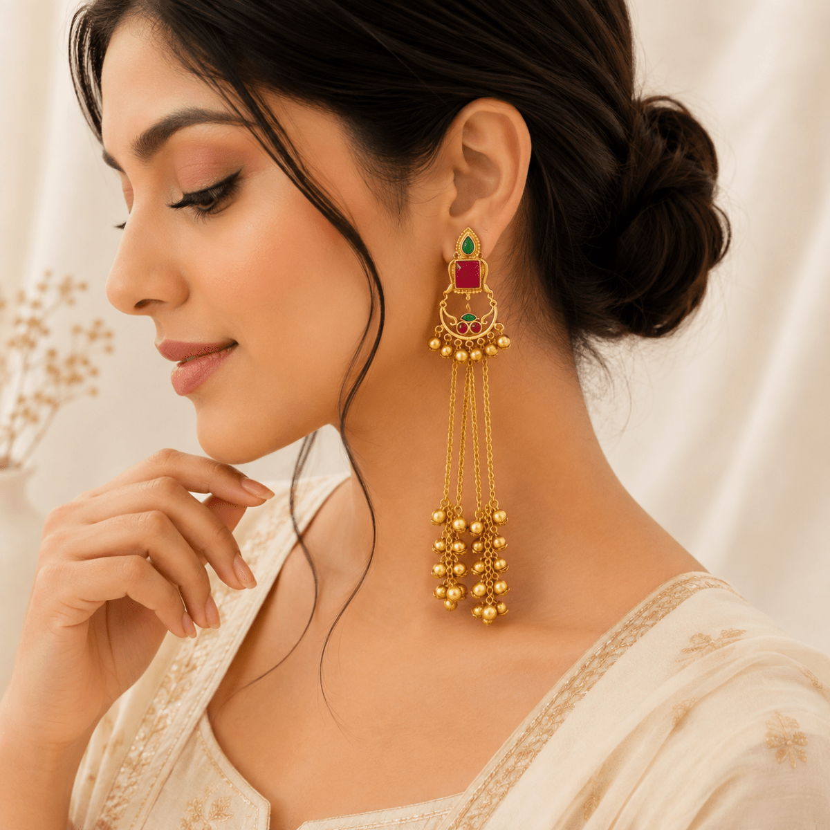 Antique Gold Ruby Green Stone Layered Tassel Earrings - Pettlez Jewellery