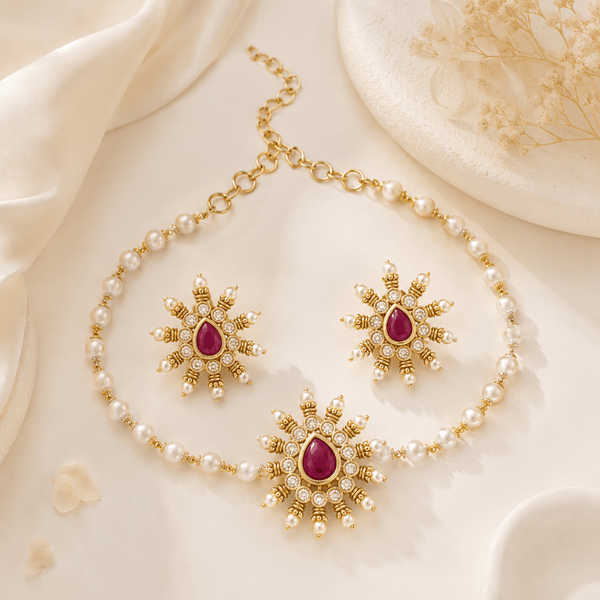 Antique Gold Ruby Starburst Pearl Necklace Set - Pettlez Jewellery