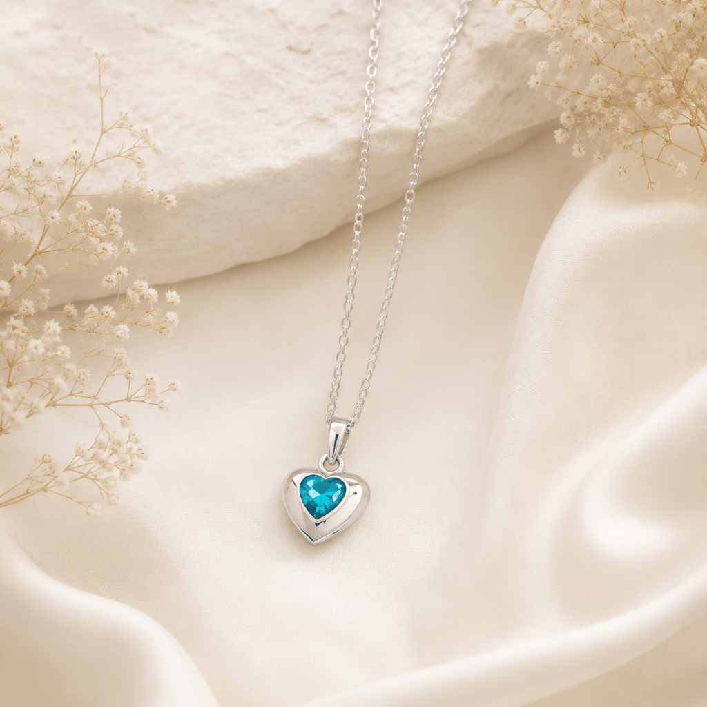 Birthstone Heart Pendant Necklace | Silver CZ Necklace for Women - Pettlez Jewellery