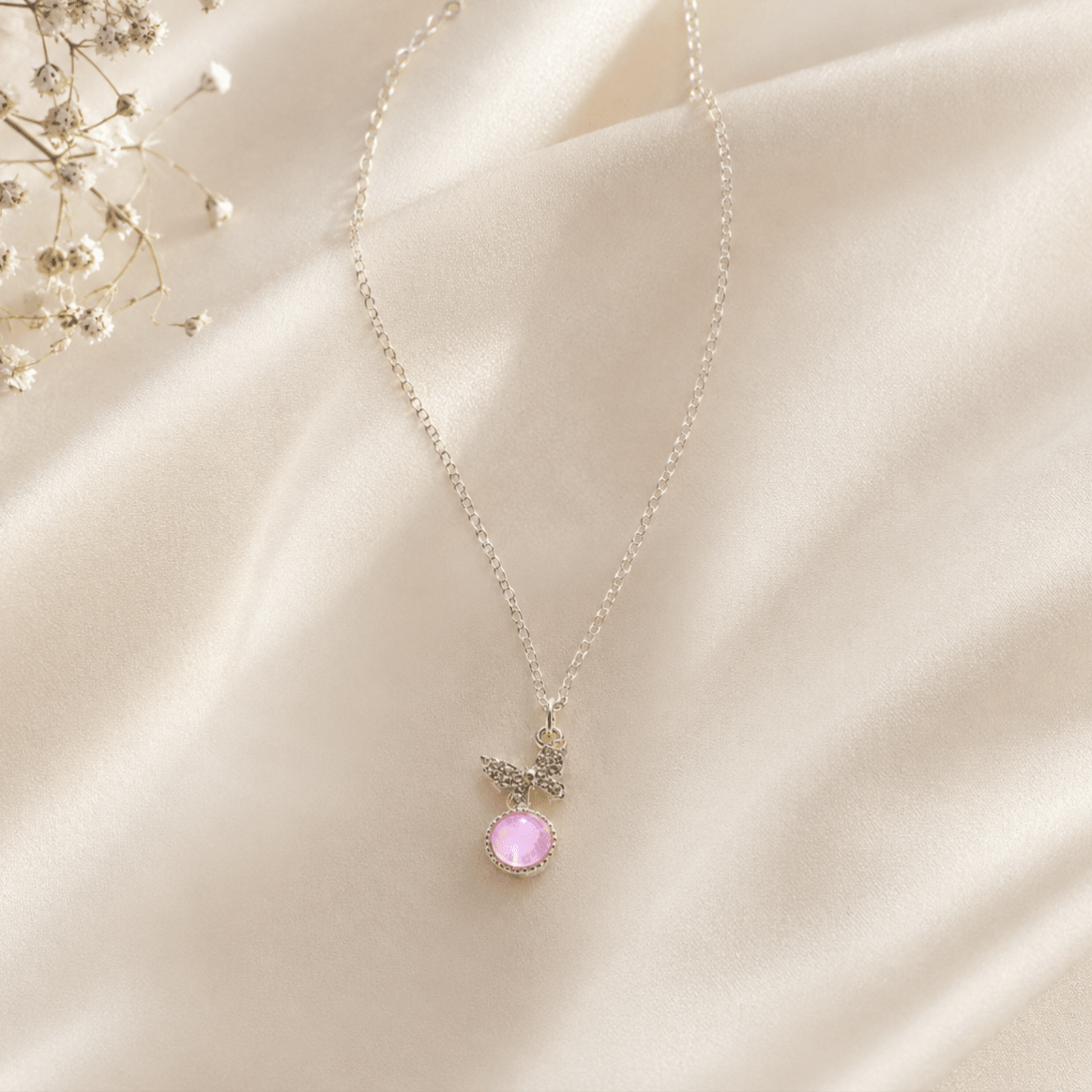 Butterfly Pink Opal Pendant Necklace | Silver CZ Chain for Women - Pettlez Jewellery