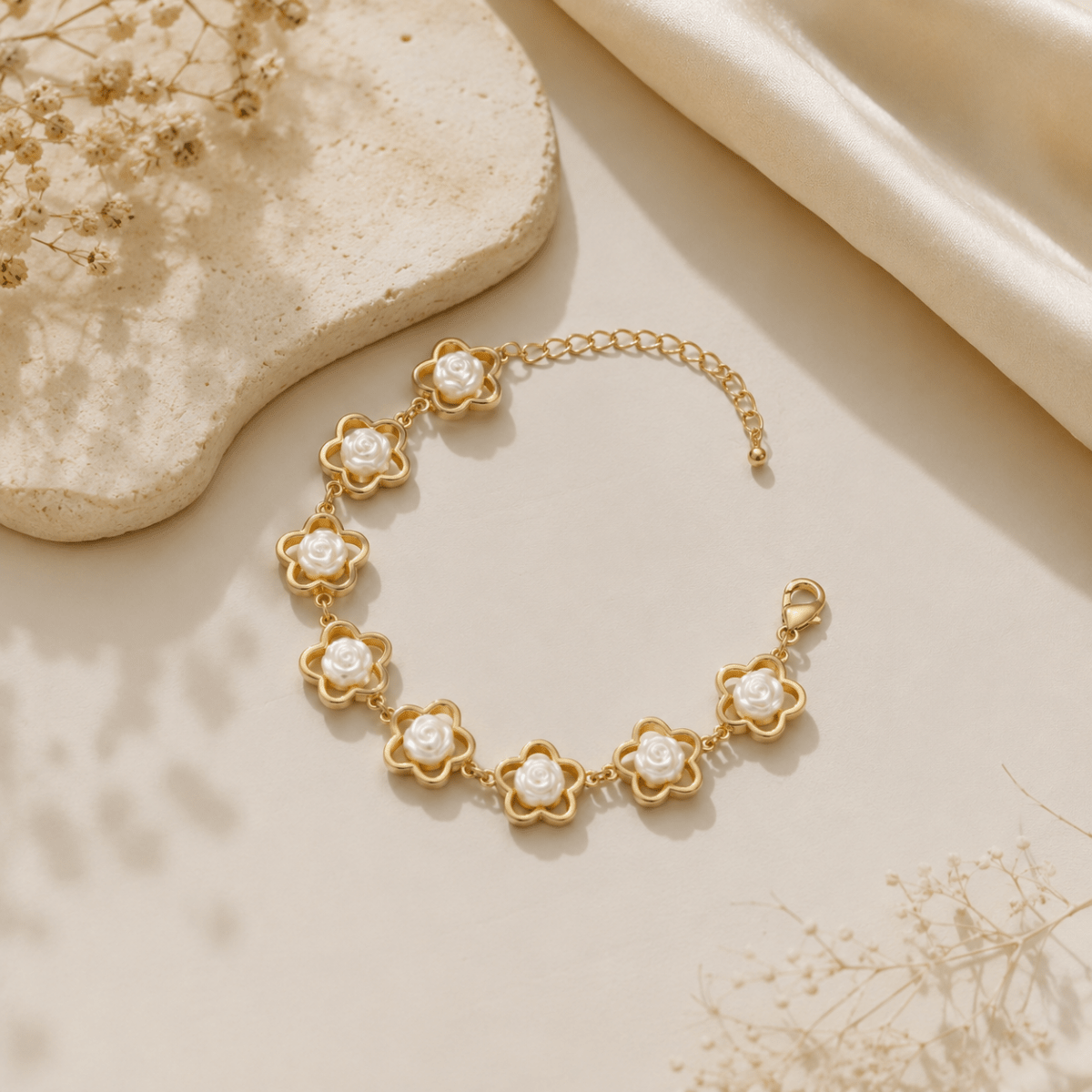 Carved Rose Flower Bracelet | Gold Plated Pearl Rose Bracelet for Women - Pettlez Jewellery