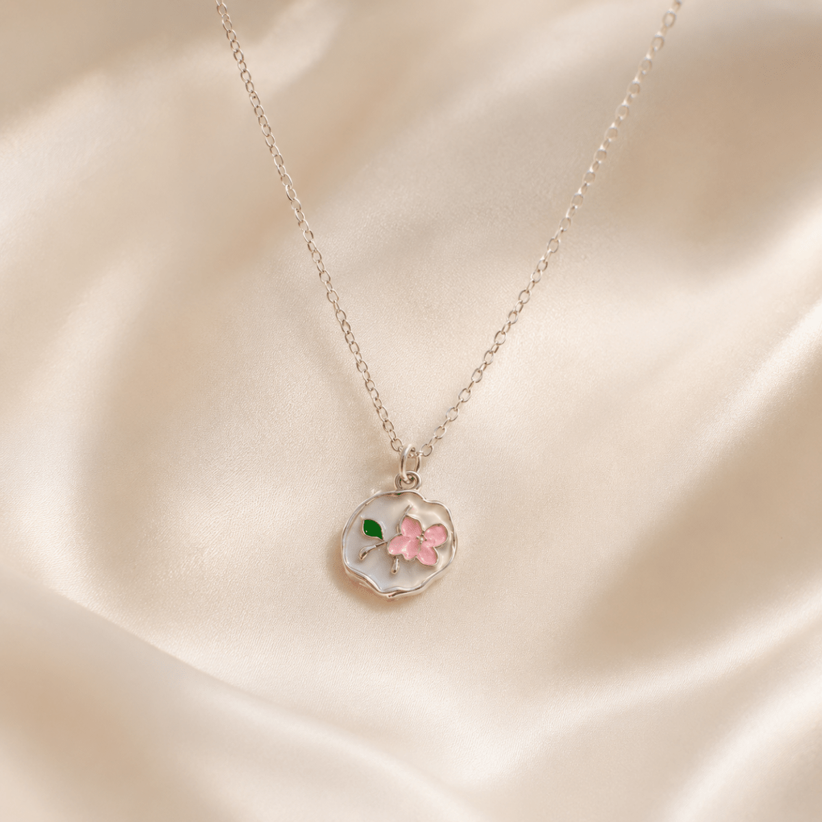 Cherry Blossom Coin Pendant Necklace | Silver Enamel Flower Charm - Pettlez Jewellery
