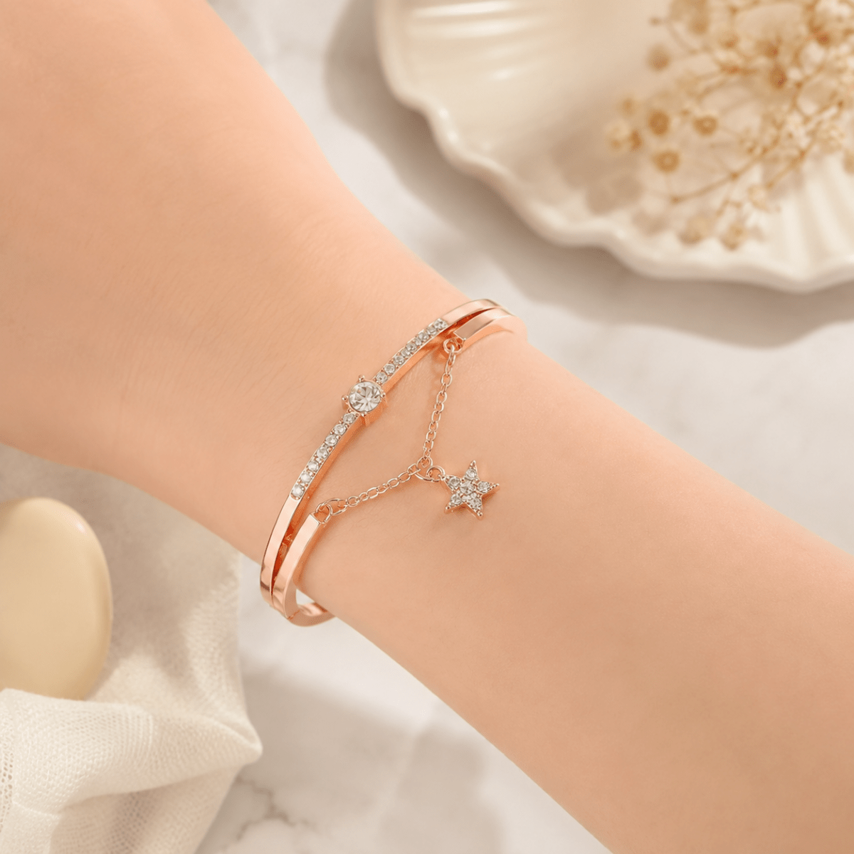 Crystal Star Bangle Bracelet | Rose Gold Chain Drop Bracelet for Women - Pettlez Jewellery