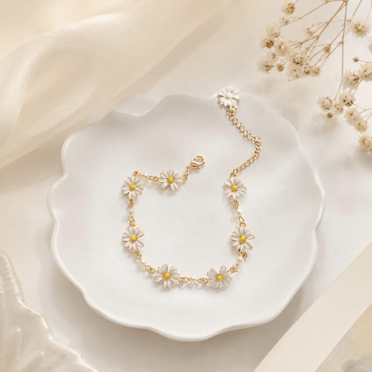 Daisy Charm Bracelet | Gold Plated White Flower Bracelet for Women - Pettlez Jewellery