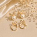 Elegant Gold-Plated Bow Pearl & CZ Stud Earrings Set - Pettlez Jewellery