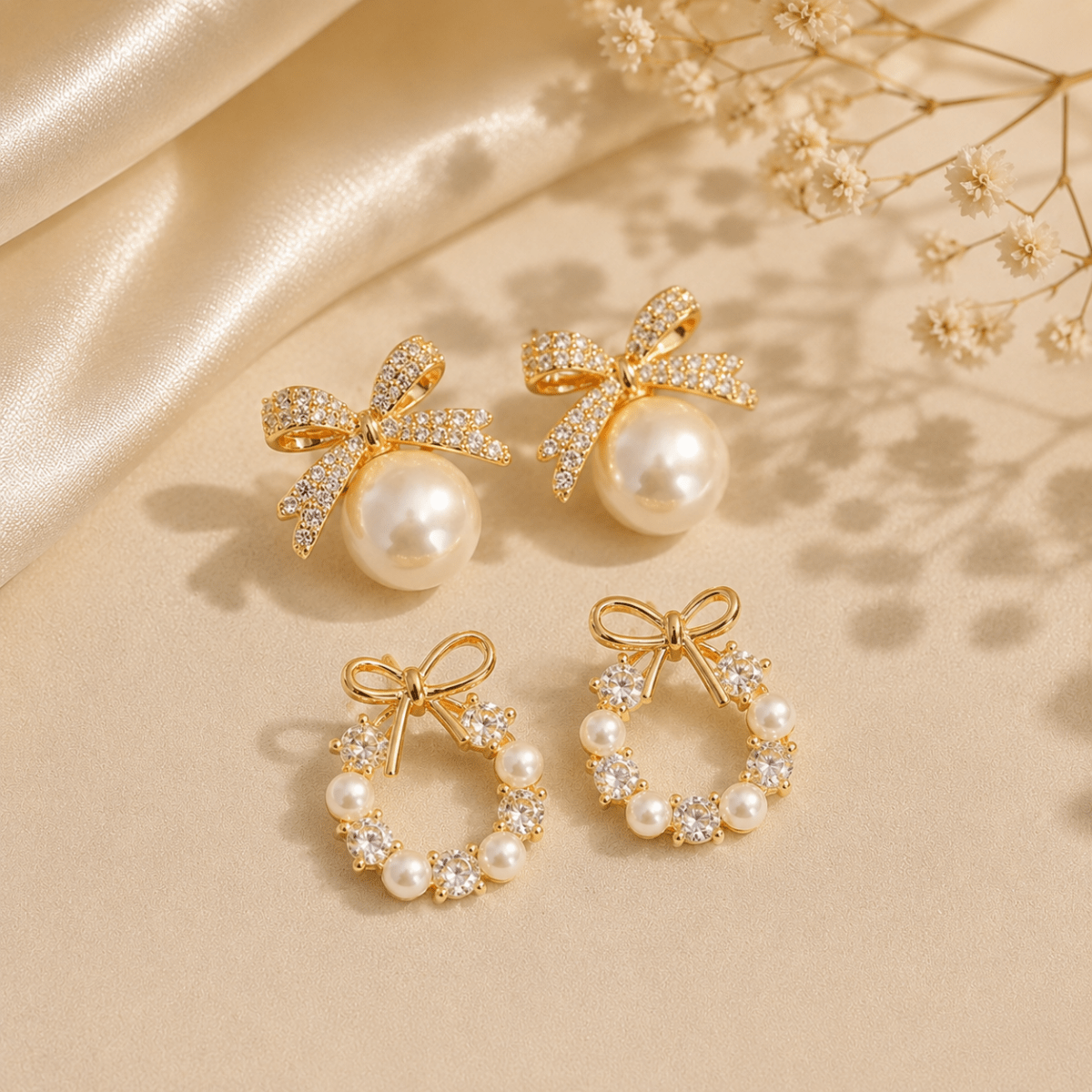 Elegant Gold-Plated Bow Pearl & CZ Stud Earrings Set - Pettlez Jewellery