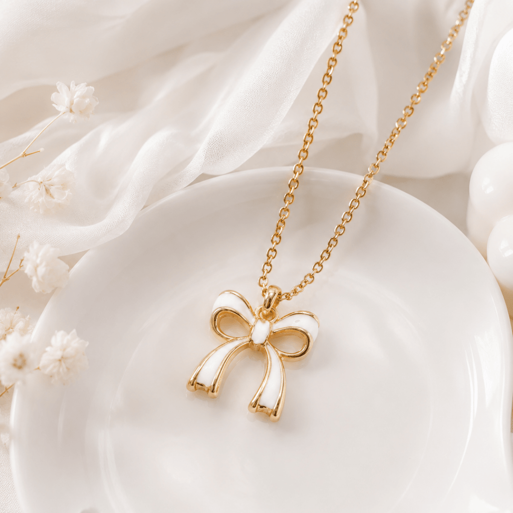 Enamel Bow Pendant Necklace | Gold Coquette Chain for Women - Pettlez Jewellery