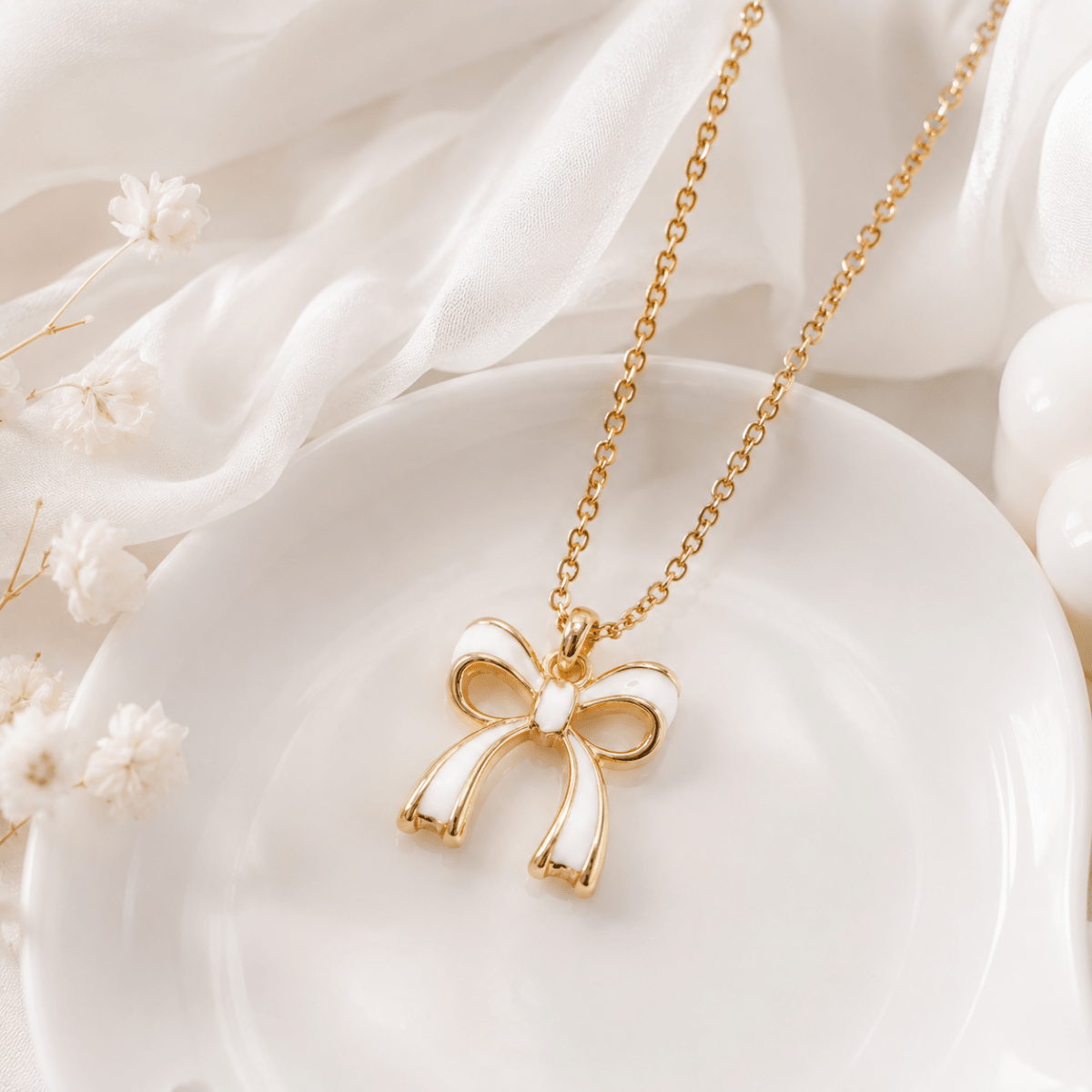 Enamel Bow Pendant Necklace | Gold Coquette Chain for Women - Pettlez Jewellery