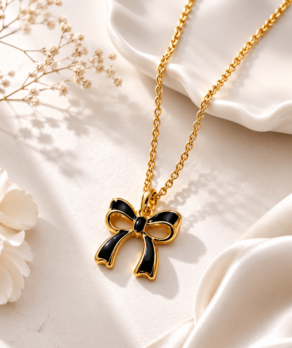 Enamel Bow Pendant Necklace | Gold Coquette Chain for Women - Pettlez Jewellery