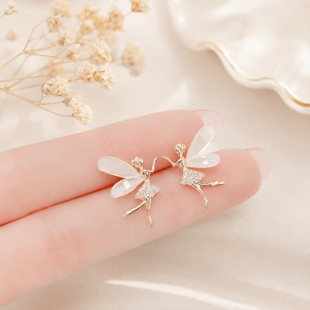 Fairy Wing Crystal Earrings | Gold Whimsical Statement Studs for Women - Pettlez Jewellery