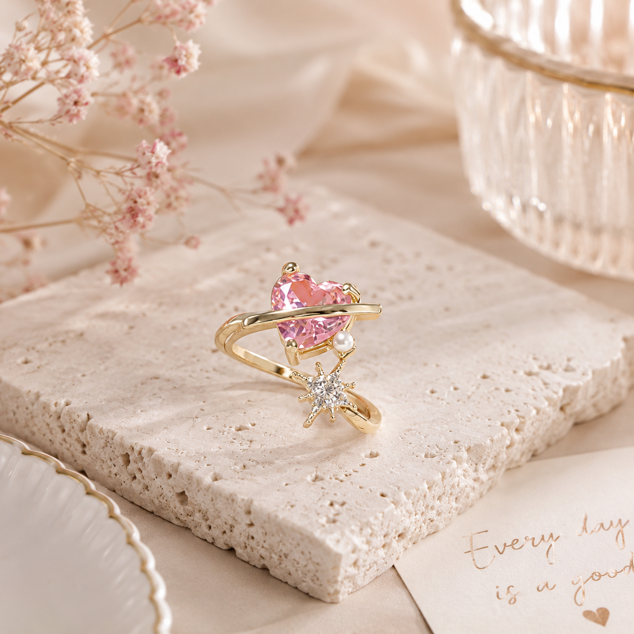 Pink Heart Star Ring | Gold Plated Celestial Ring for Women