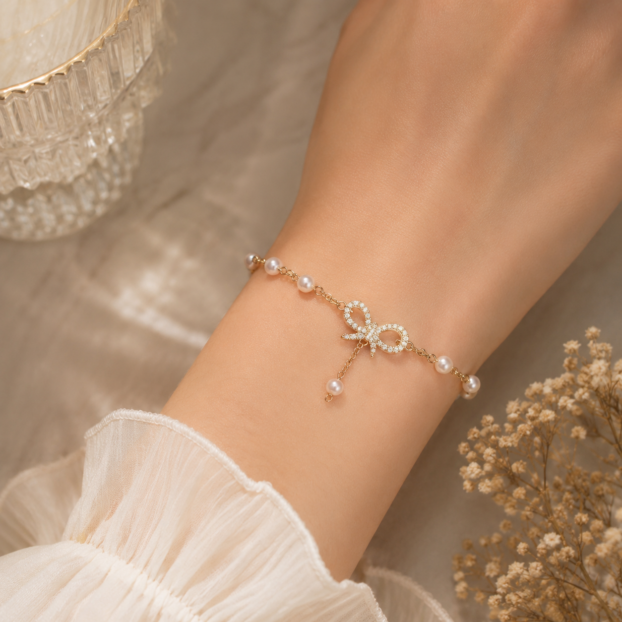 Pearl Bow Charm Bracelet | Gold Plated CZ Bracelet for Women