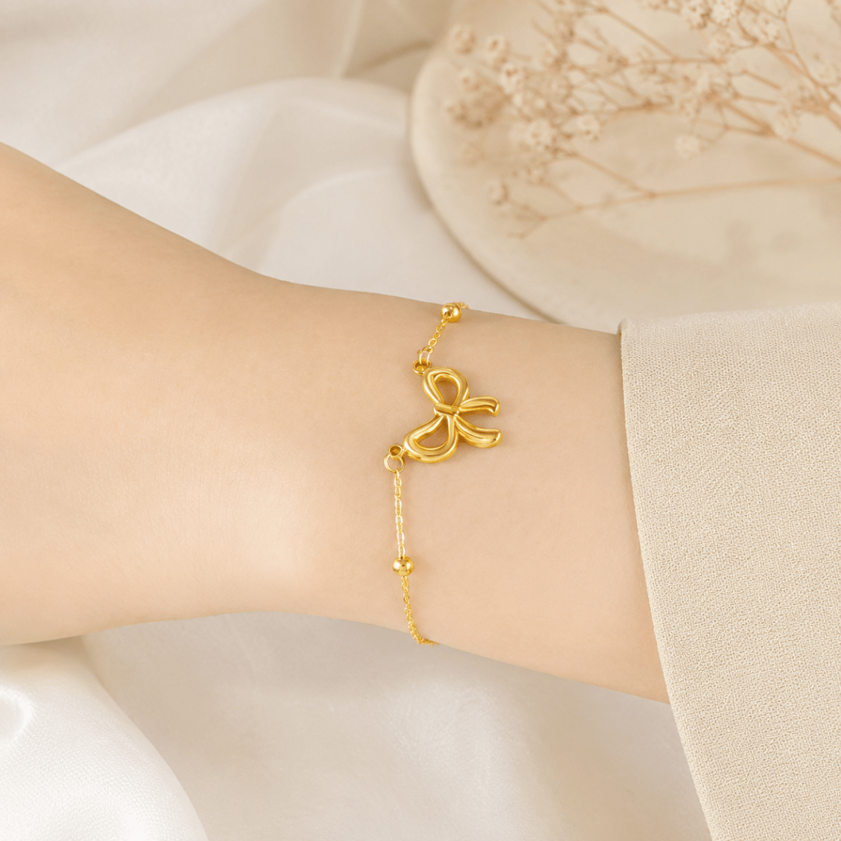 Gold Bow Charm Bracelet | Delicate Beaded Chain Bracelet for Women - Pettlez Jewellery
