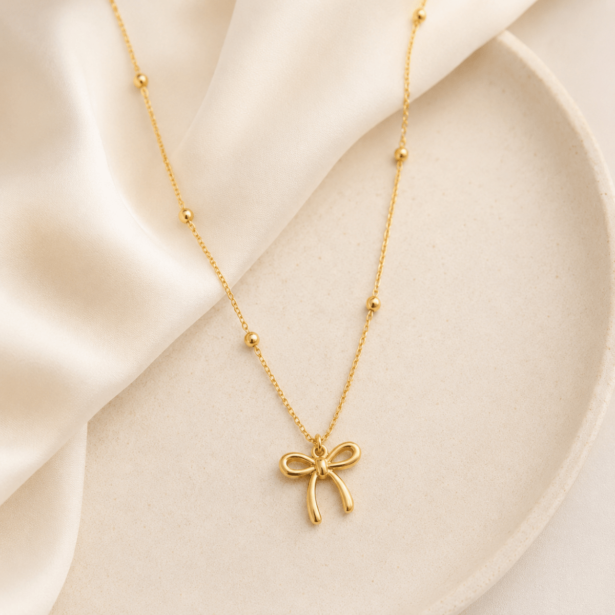 Gold Bow Charm Necklace | Beaded Chain Coquette Necklace for Women - Pettlez Jewellery