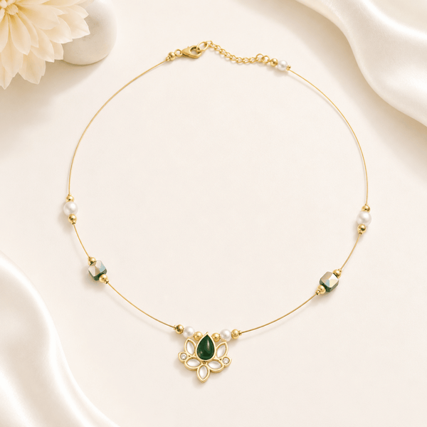 Gold Green Stone Lotus Pendant Wire Choker Necklace - Pettlez Jewellery