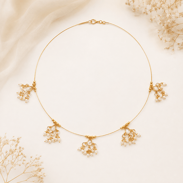 Gold Pearl Cluster Wire Choker Necklace with Kundan Drops - Pettlez Jewellery