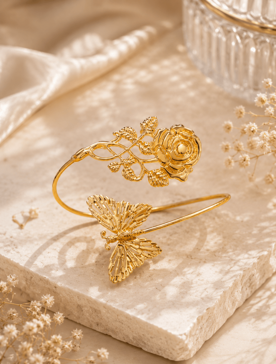 Gold Rose Butterfly Cuff Bracelet | Open Adjustable Statement Cuff - Pettlez Jewellery