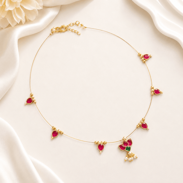 Gold Ruby Pink Stone Lotus Charm Wire Choker Necklace - Pettlez Jewellery