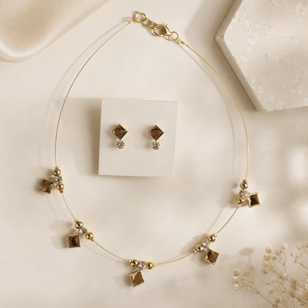 Gold Smoky Topaz Crystal Station Necklace Set - Pettlez Jewellery