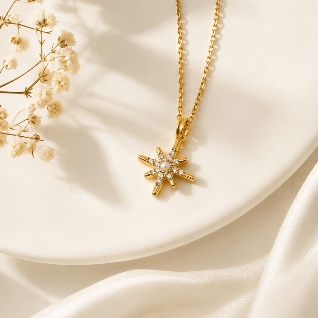 Gold Starburst Pearl Necklace | Celestial CZ Pendant for Women - Pettlez Jewellery