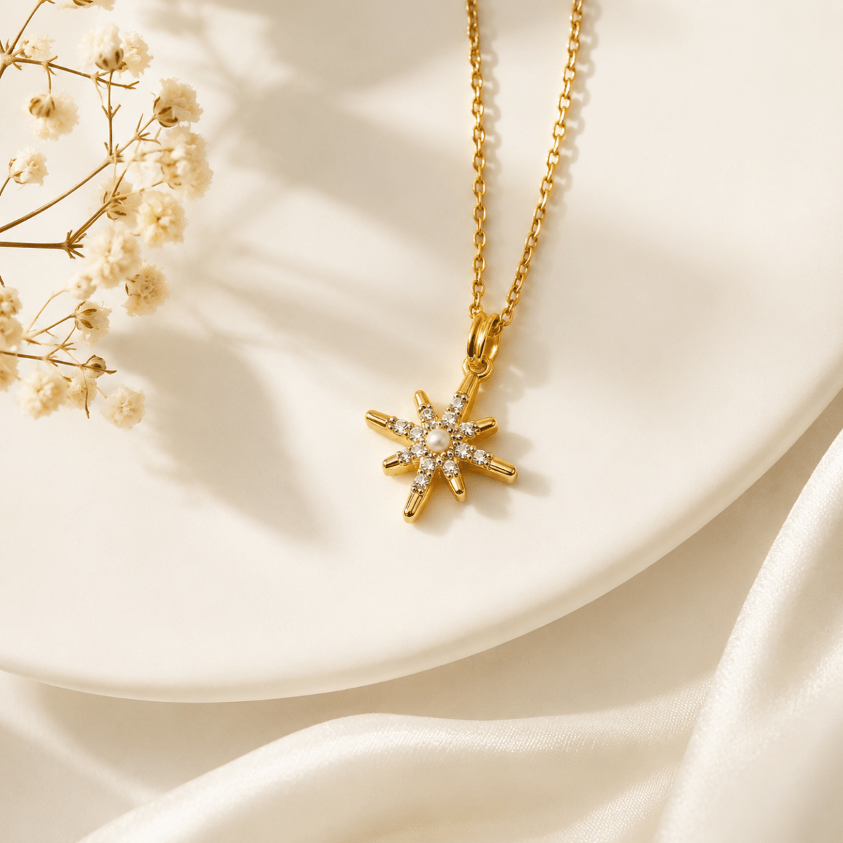 Gold Starburst Pearl Necklace | Celestial CZ Pendant for Women - Pettlez Jewellery