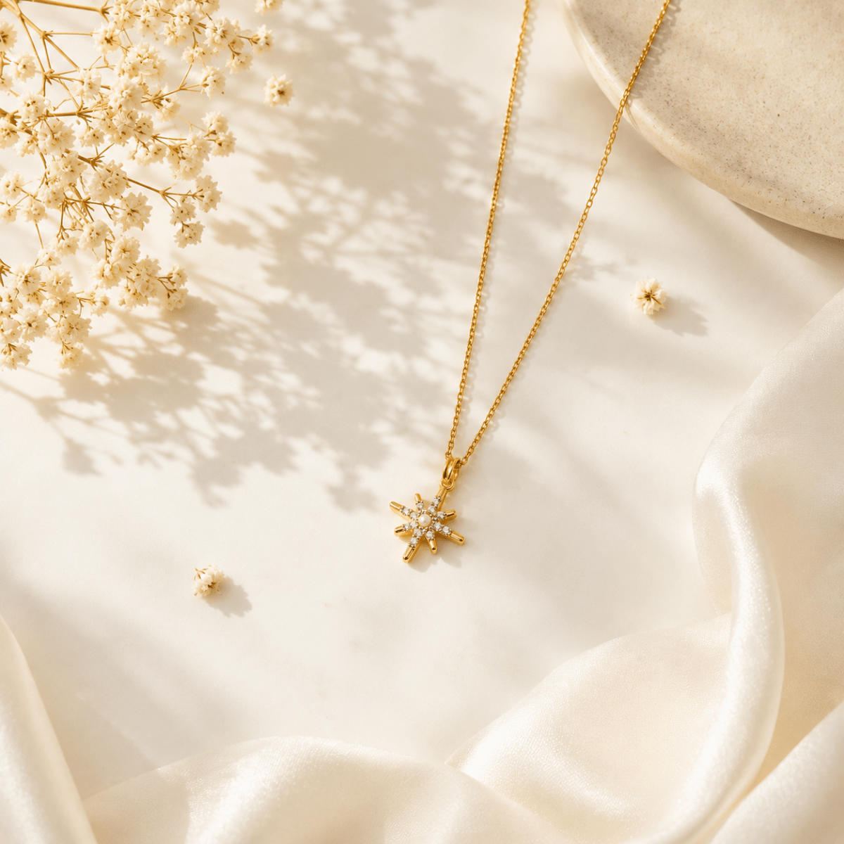 Gold Starburst Pearl Necklace | Celestial CZ Pendant for Women - Pettlez Jewellery