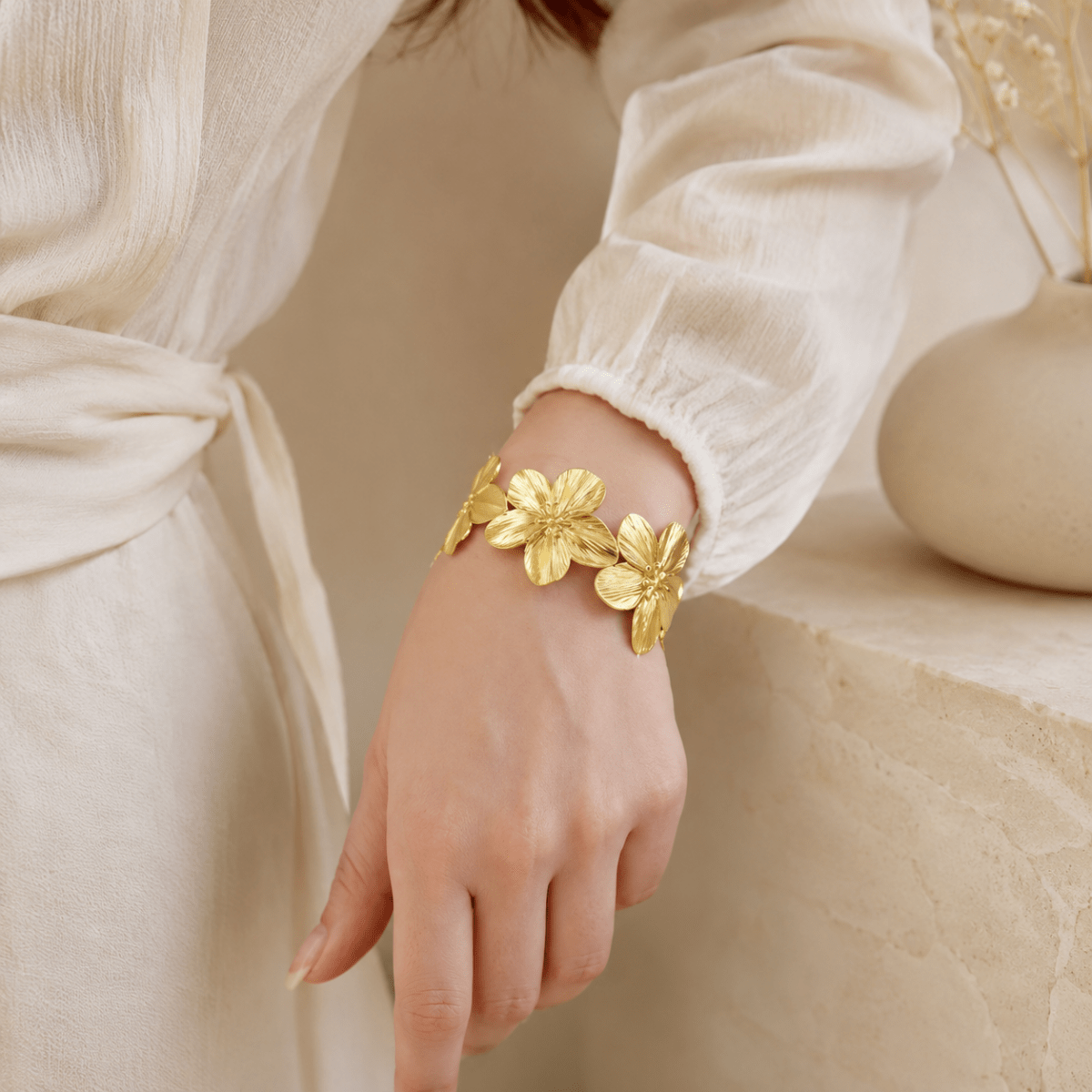 Gold Textured Flower Cuff Bracelet | Statement Floral Bangle for Women - Pettlez Jewellery