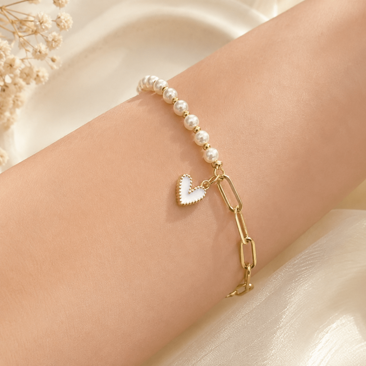 Half Pearl Half Chain Heart Bracelet | Gold Plated Bracelet for Women - Pettlez Jewellery