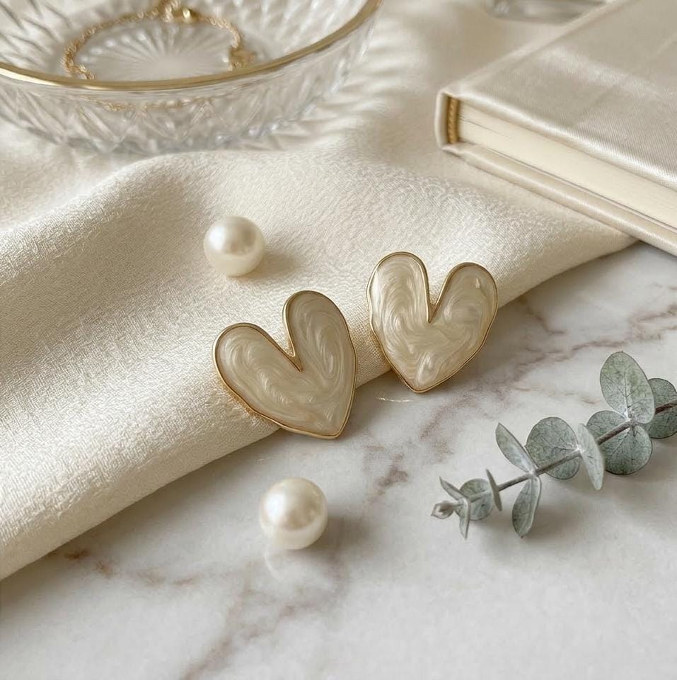 Ivory Marble Heart Earrings | Gold Rimmed Statement Studs for Women - Pettlez Jewellery