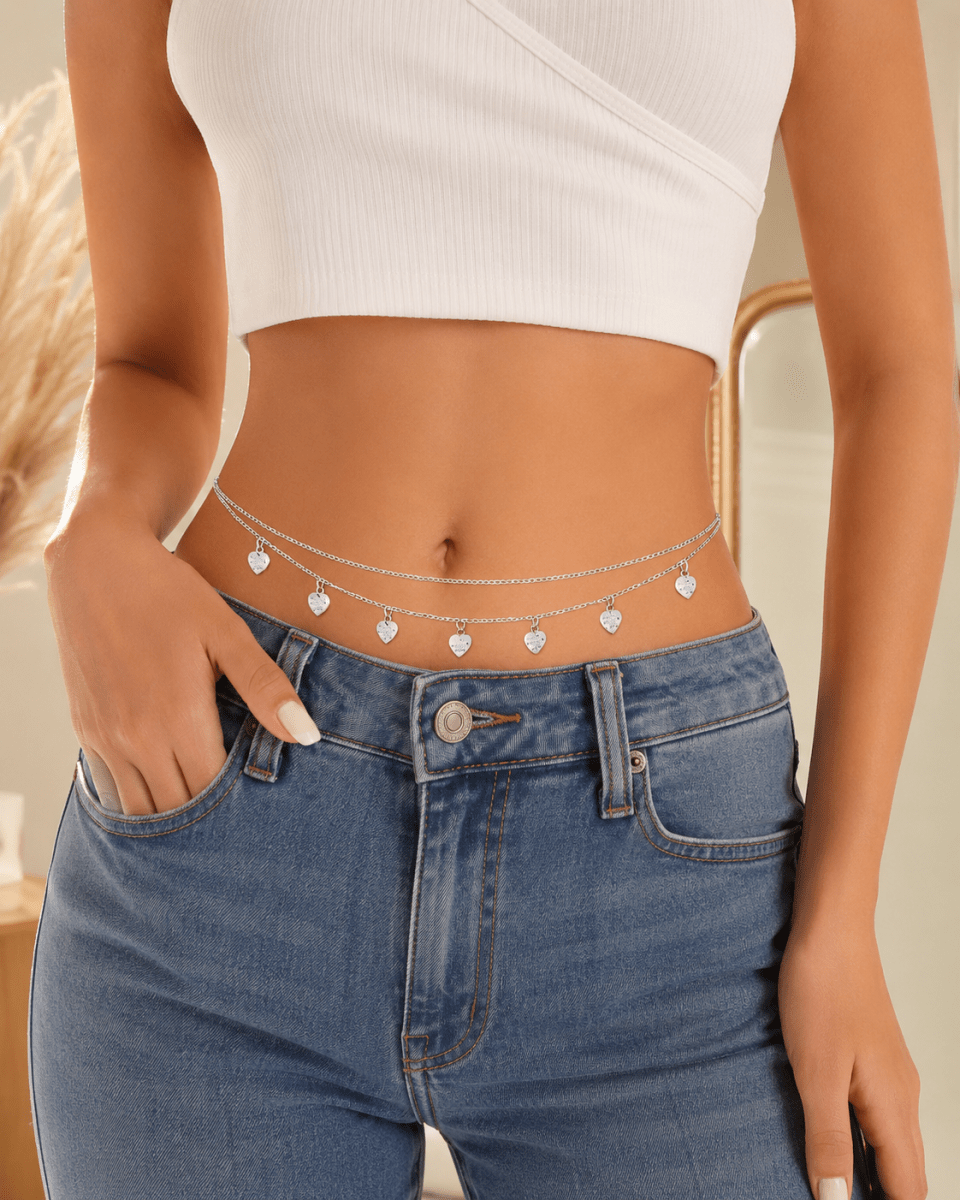 Layered Heart Charm Belly Chain | Silver Double Waist Chain for Women - Pettlez Jewellery