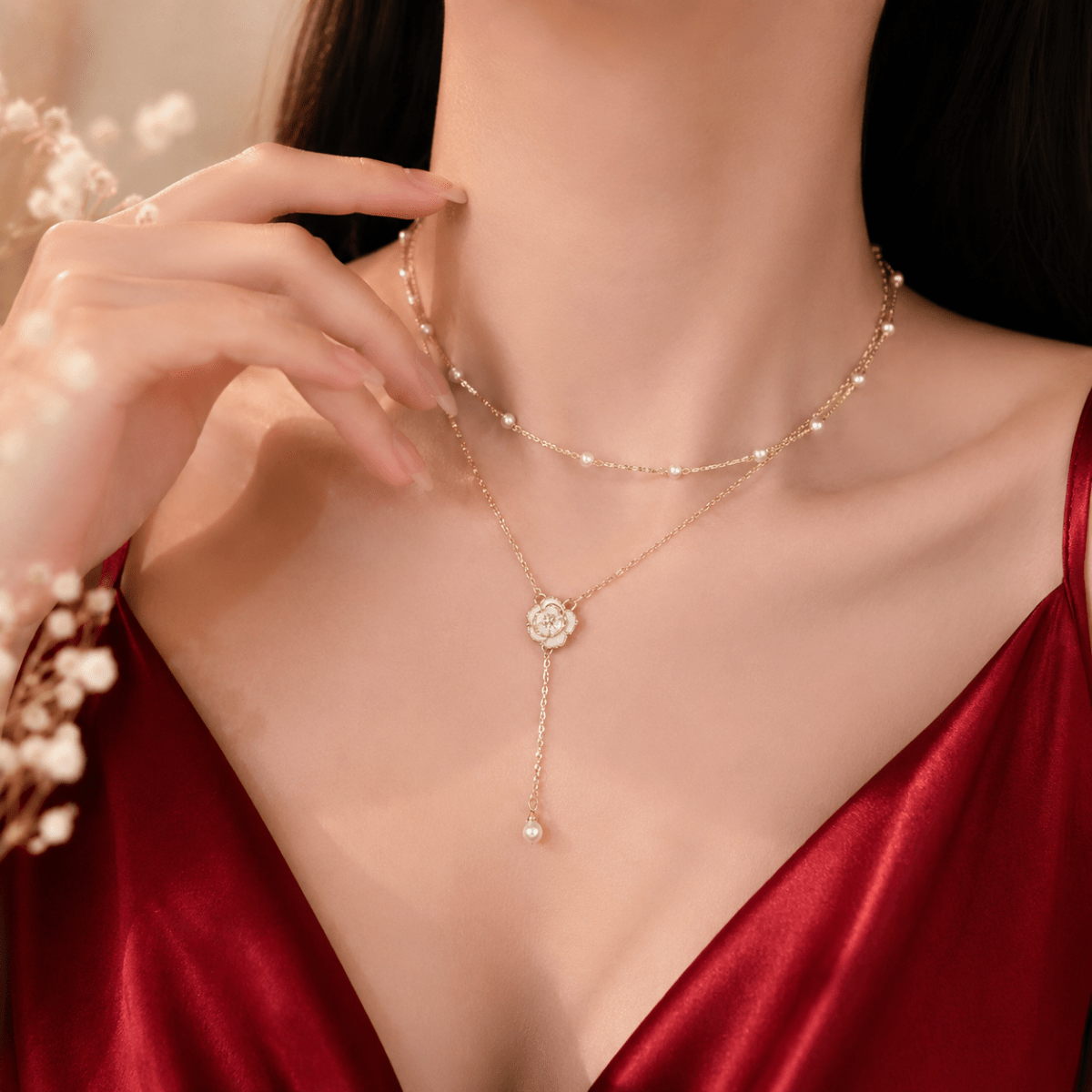 Layered Pearl Flower Necklace | Gold Chain Y Necklace for Women - Pettlez Jewellery