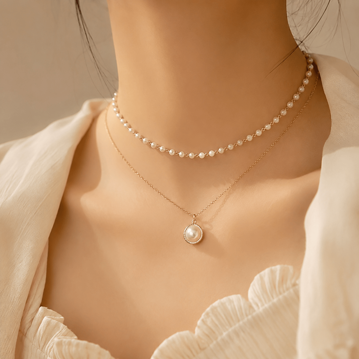 Layered Pearl Halo Necklace | Gold Double Chain Necklace for Women - Pettlez Jewellery