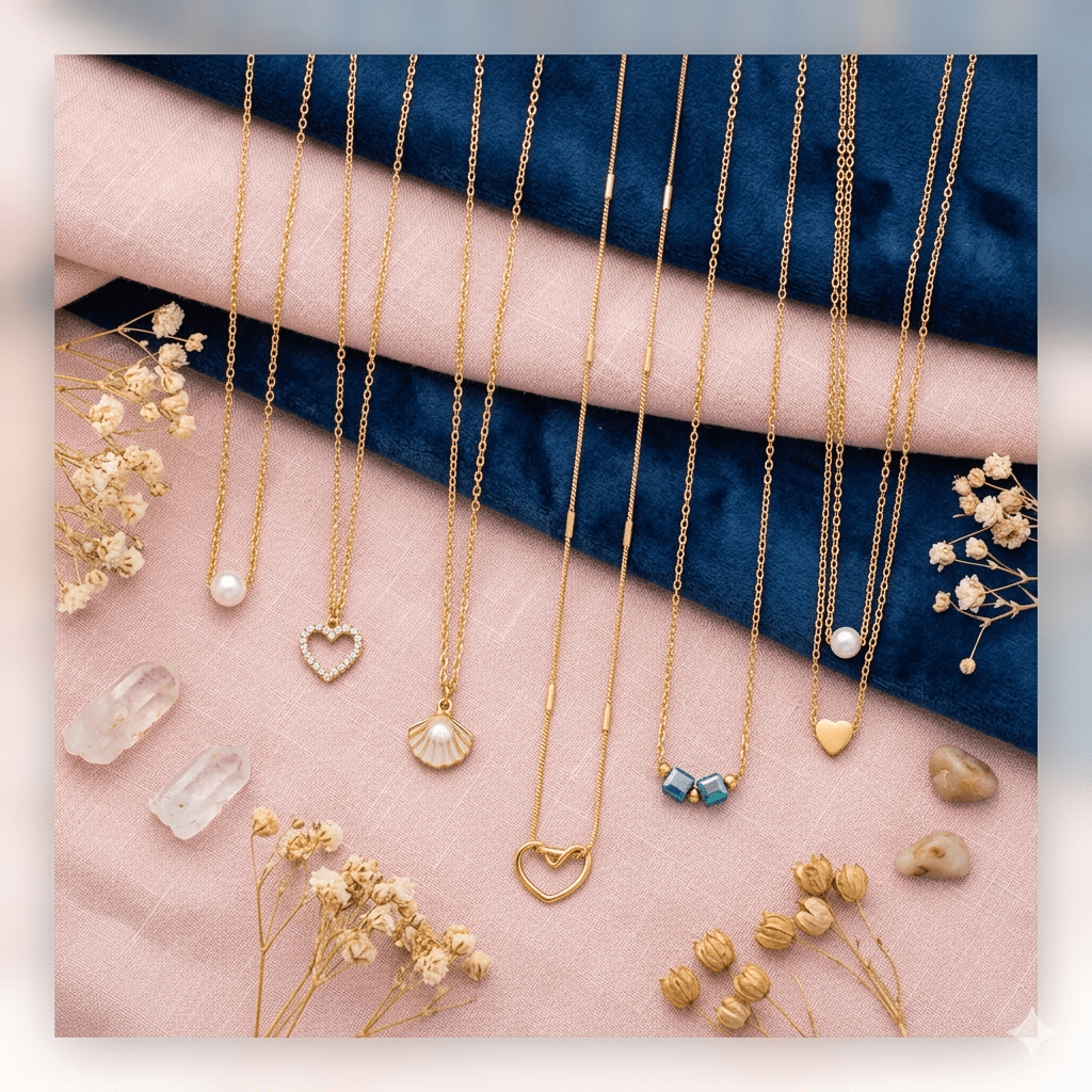 Luxury Gold Minimal Pendant Necklace Collection – Pearl, Heart, Shell & Beaded Charms (Trending Korean Style) - Pettlez Jewellery