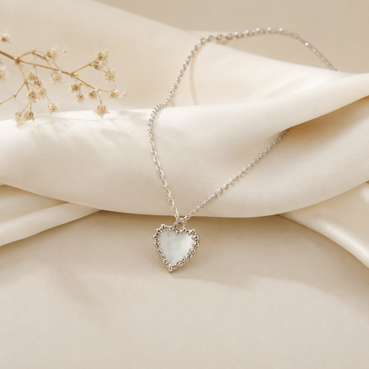 Mother of Pearl Heart Necklace | Silver Beaded Edge Pendant for Women - Pettlez Jewellery