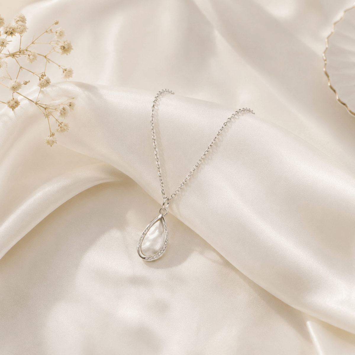 Mother of Pearl Teardrop Necklace | Silver CZ Pendant for Women - Pettlez Jewellery