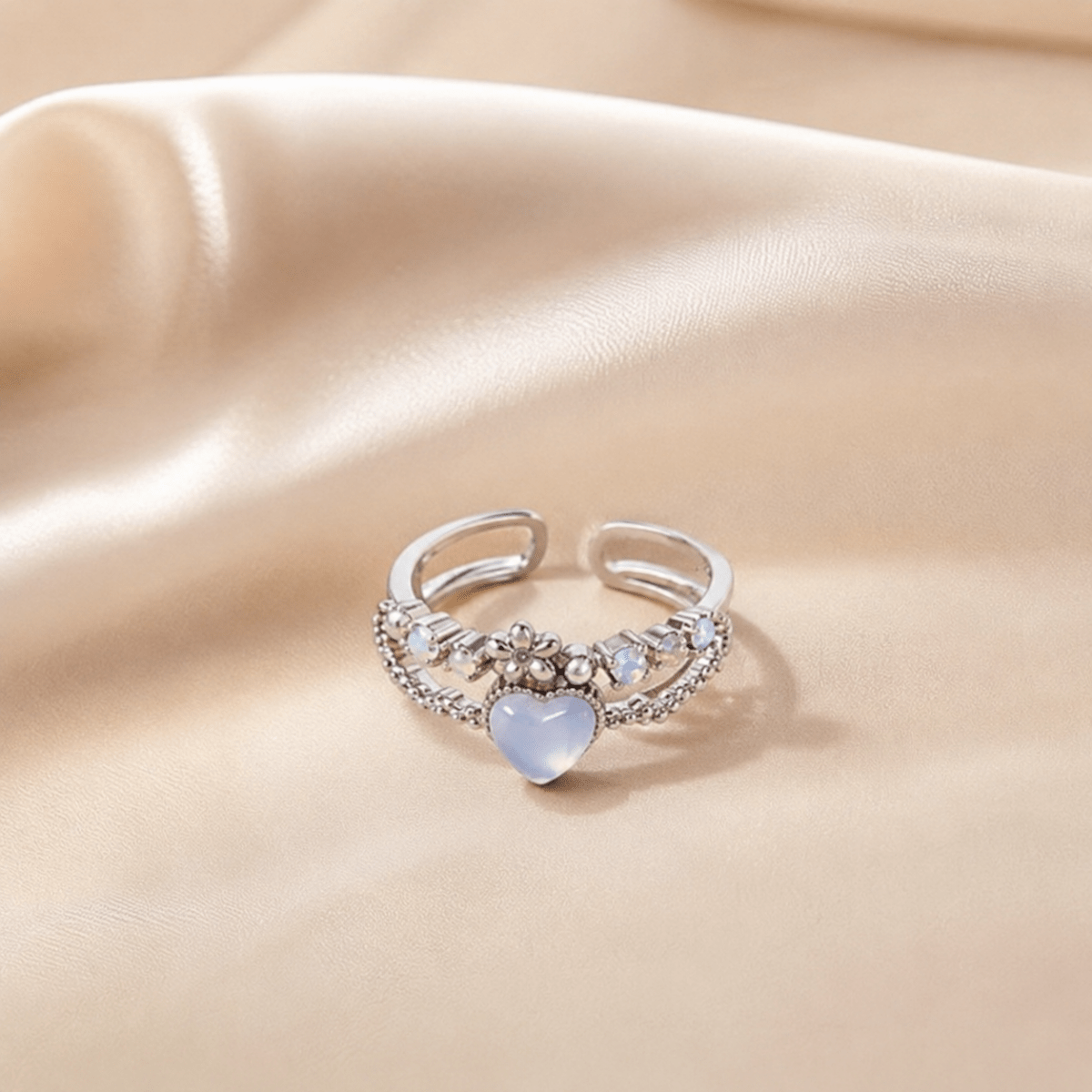 Opal Heart Charm Adjustable Ring – Fairycore Silver Statement Ring - Pettlez Jewellery