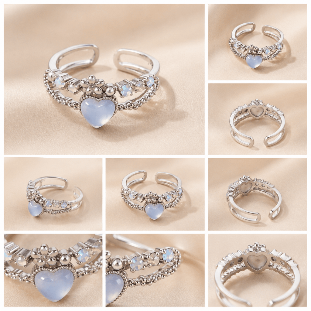 Opal Heart Charm Adjustable Ring – Fairycore Silver Statement Ring - Pettlez Jewellery