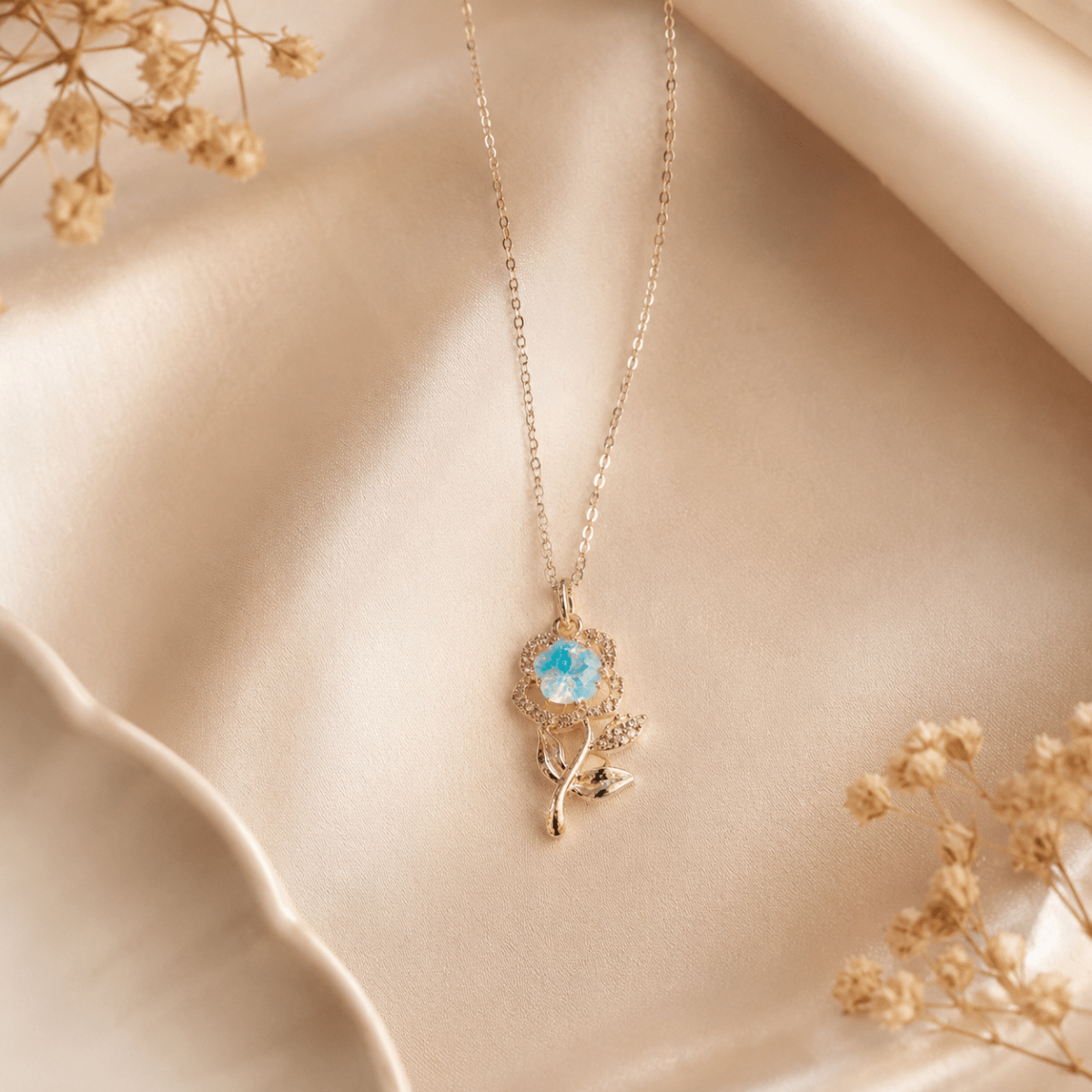 Opal Rose Flower Necklace | Gold CZ Stemmed Pendant for Women - Pettlez Jewellery