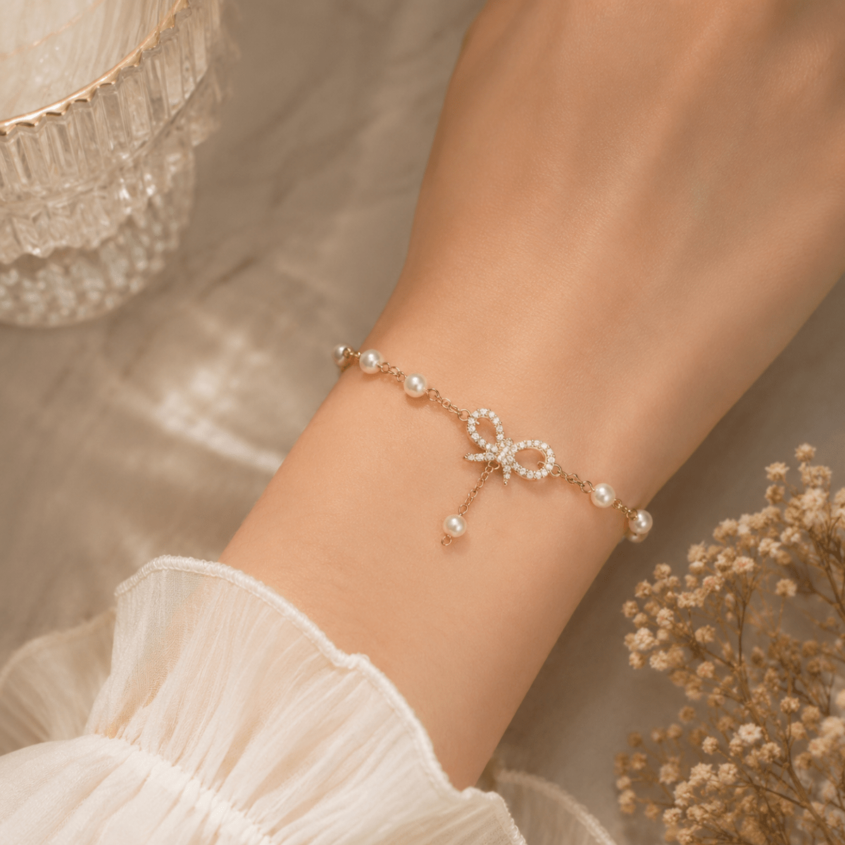 Pearl Bow Charm Bracelet | Gold Plated CZ Bracelet for Women - Pettlez Jewellery