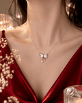 Pearl Bow Pendant Necklace | Silver CZ Drop Necklace for Women - Pettlez Jewellery