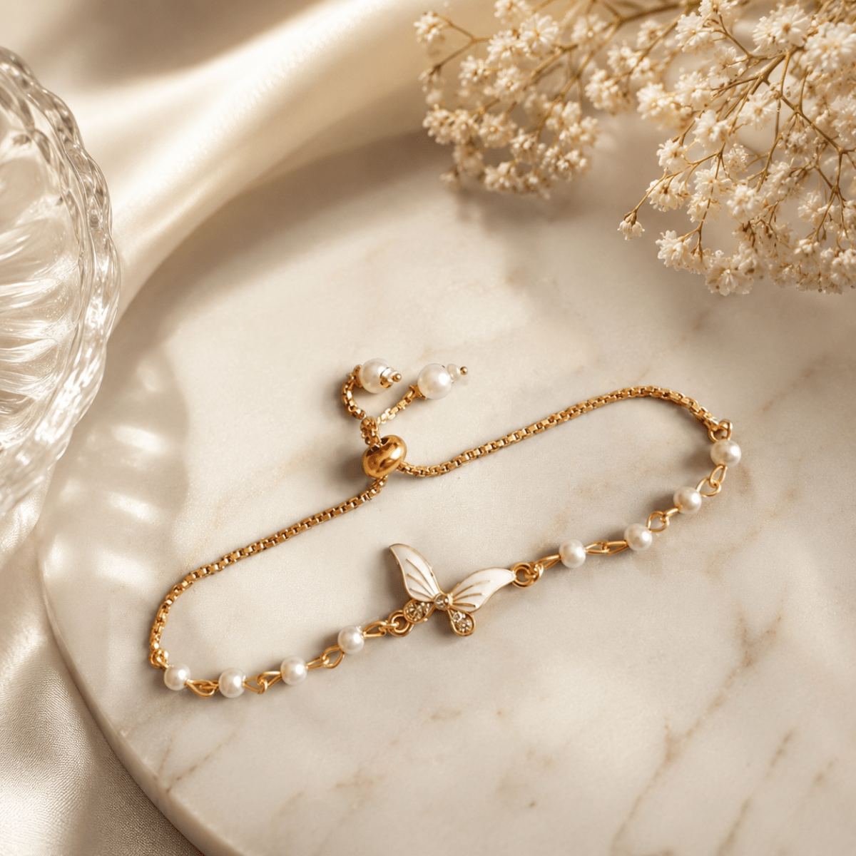 Pearl Butterfly Adjustable Bracelet | Gold Plated Chain Bracelet for Women - Pettlez Jewellery
