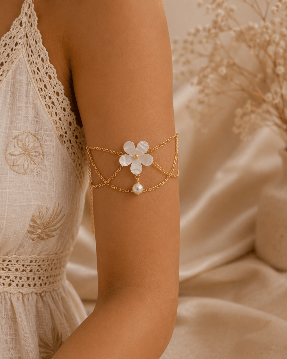 Pearl Flower Arm Cuff | Gold Draped Chain Armlet for Women - Pettlez Jewellery