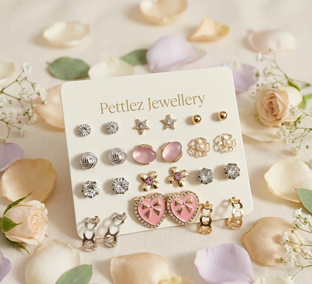 Pettlez Jewellery 15-Pair Mixed Metal Multi-Style Stud & Huggie Earring Set with Crystal, Pearl, Enamel, Floral & Chain Charms - Pettlez Jewellery