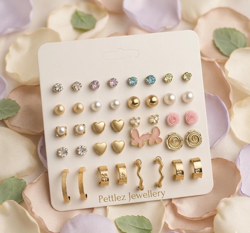 Pettlez Jewellery 20-Pair Gold-Tone Mixed Style Stud & Huggie Earring Set with Crystal, Pearl, Enamel & Floral Charms - Pettlez Jewellery