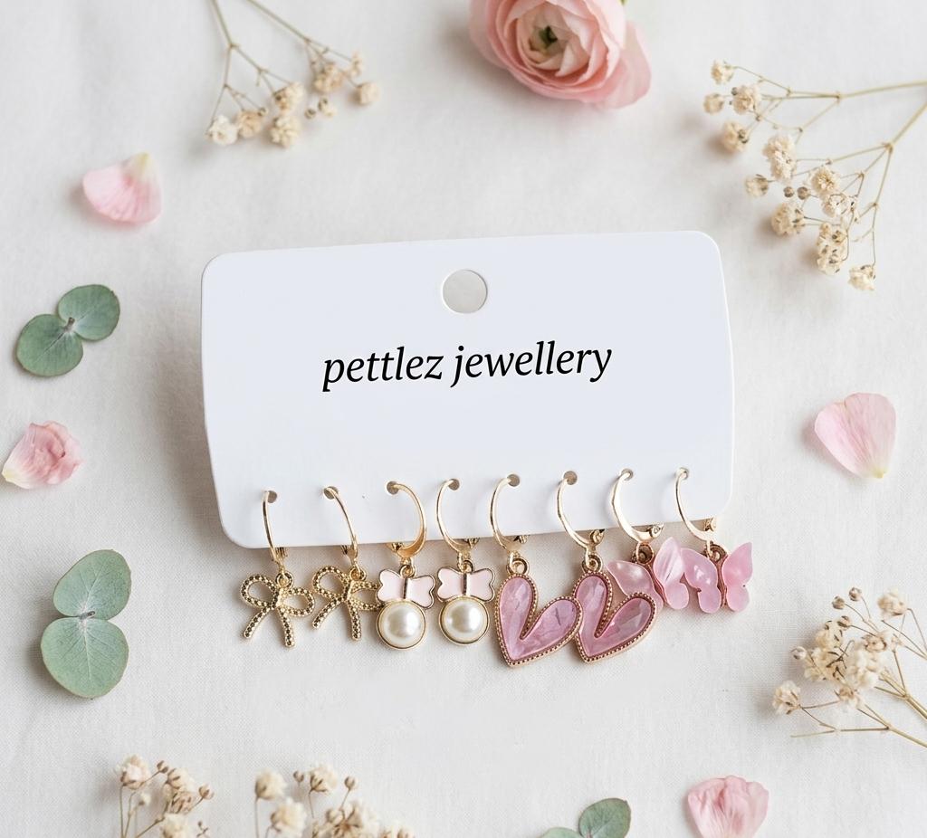Pettlez Jewellery 4-Pair Gold-Tone Huggie Hoop Drop Earring Set with Bow, Pearl, Pink Heart & Butterfly Charms - Pettlez Jewellery