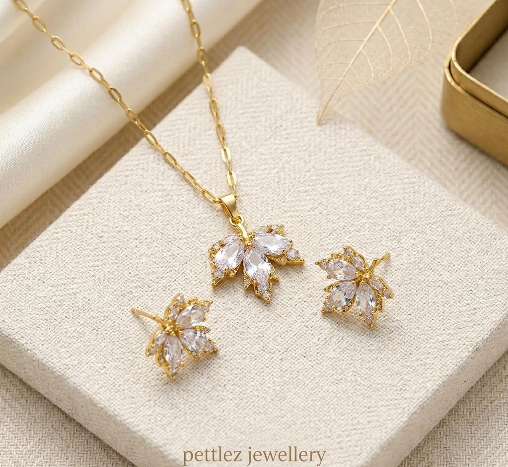 Pettlez Jewellery Gold-Tone Marquise-Cut CZ Crystal Floral Cluster Pendant Necklace & Stud Earrings Jewellery Set (3-Piece) - Pettlez Jewellery