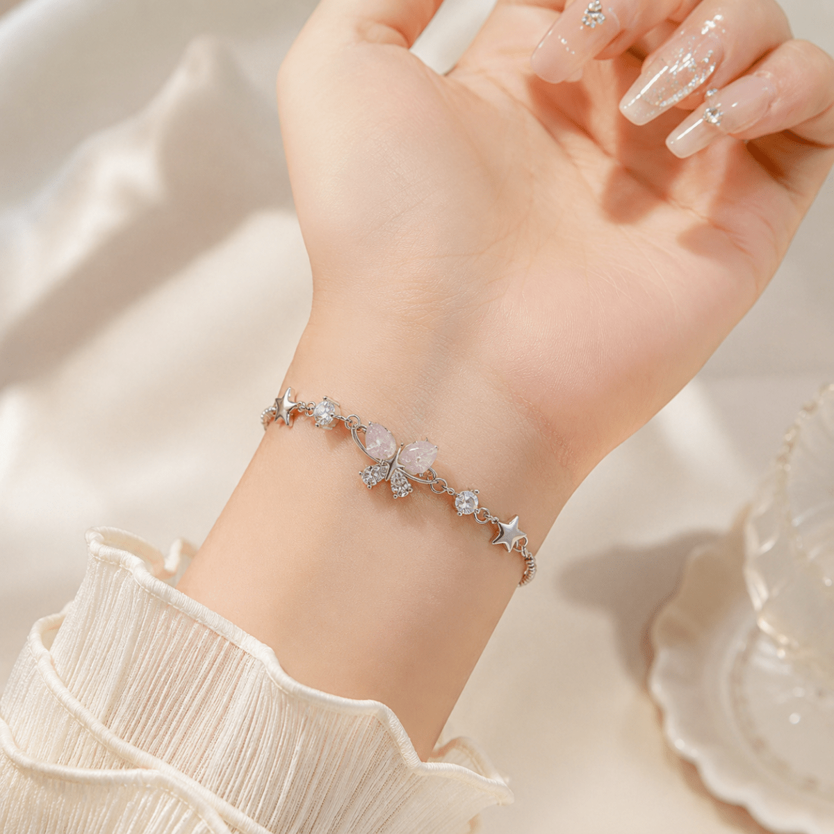 Pink Butterfly Crystal Bracelet | Silver Star Charm Bracelet for Women - Pettlez Jewellery