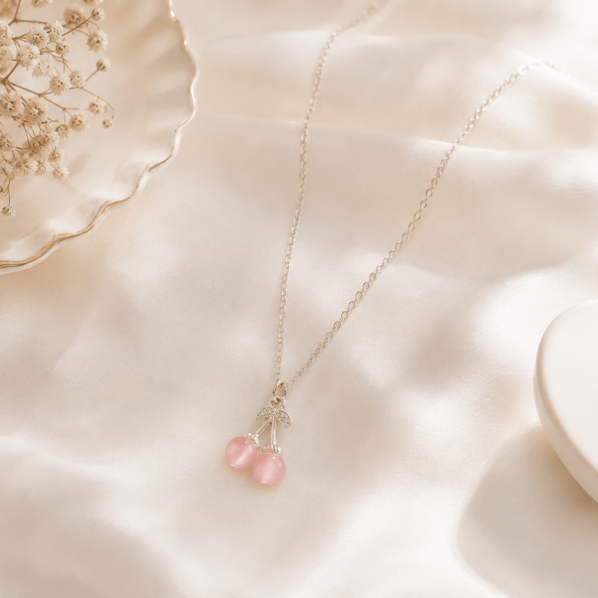 Pink Cat's Eye Cherry Necklace | Silver Fruit Charm Pendant for Women - Pettlez Jewellery