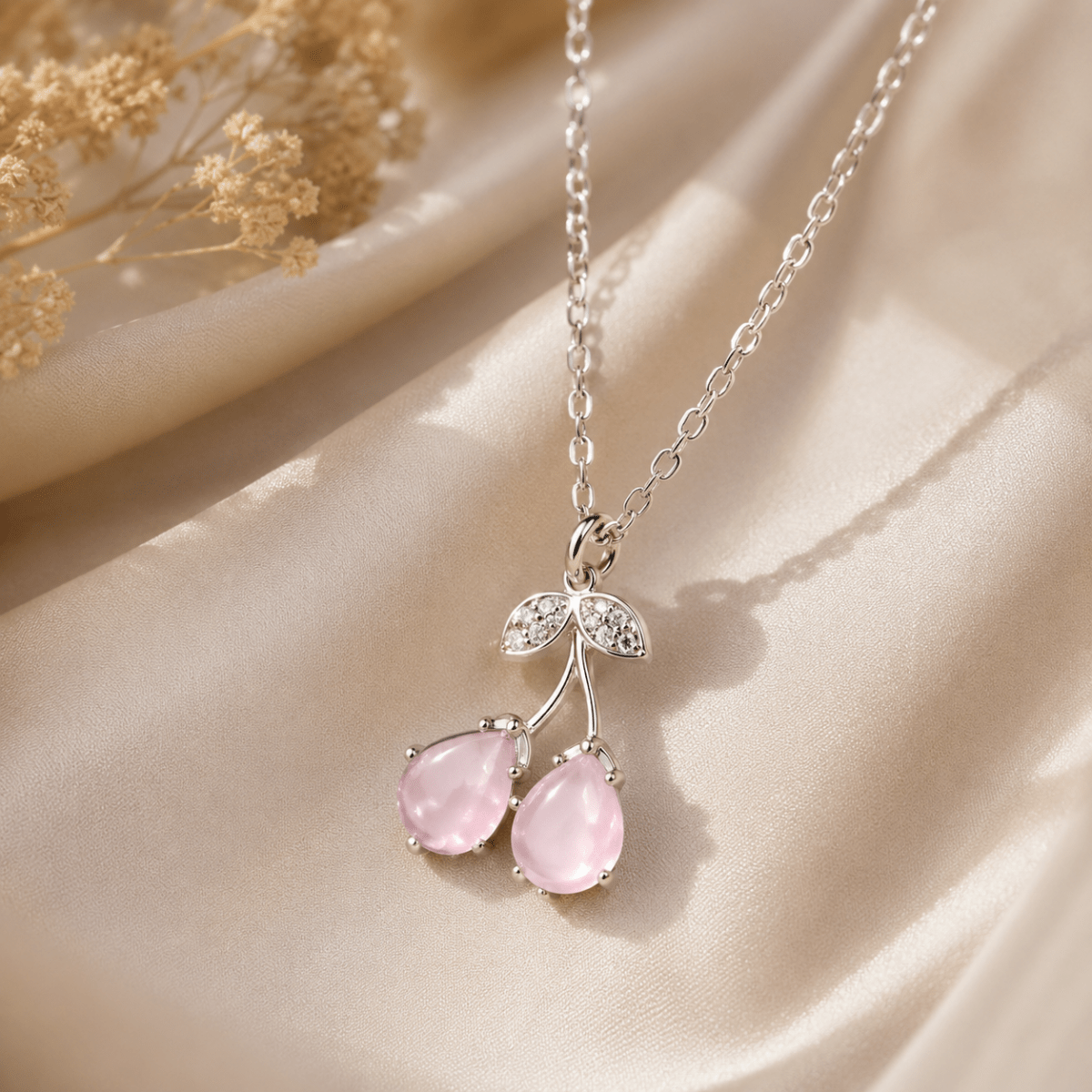 Pink Cherry Pendant Necklace | Silver Fruit Charm Necklace for Women - Pettlez Jewellery